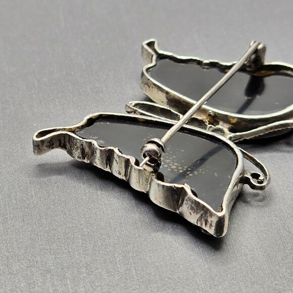 VTG Sterling Silver 925 Butterfly Brooch 2" Marcasite Black Onyx 14.67g - Picture 3 of 11